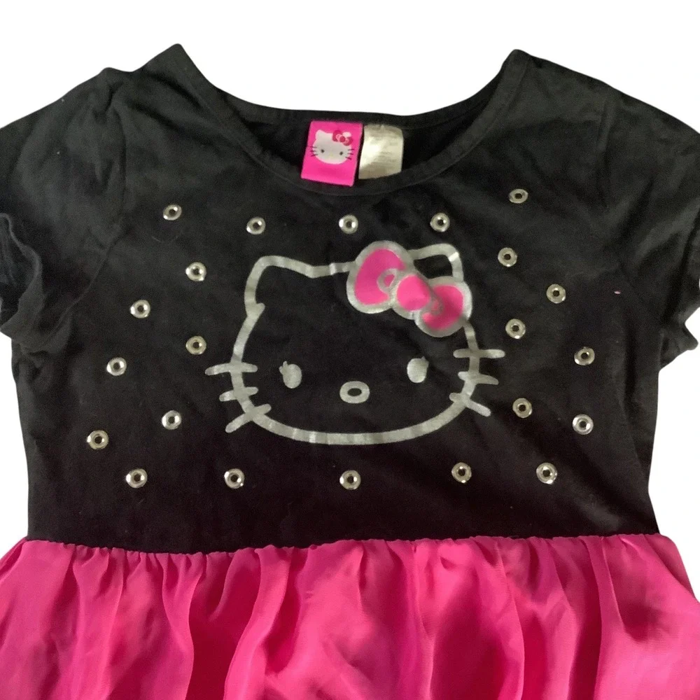 Hello Kitty Girls Dress Black Pink Hi‎ Lo Sparkle Sz L 10 12 Short Sleeve